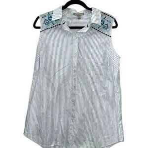 Woman Within Blue & White Sleeveless Button-Up Shirt M